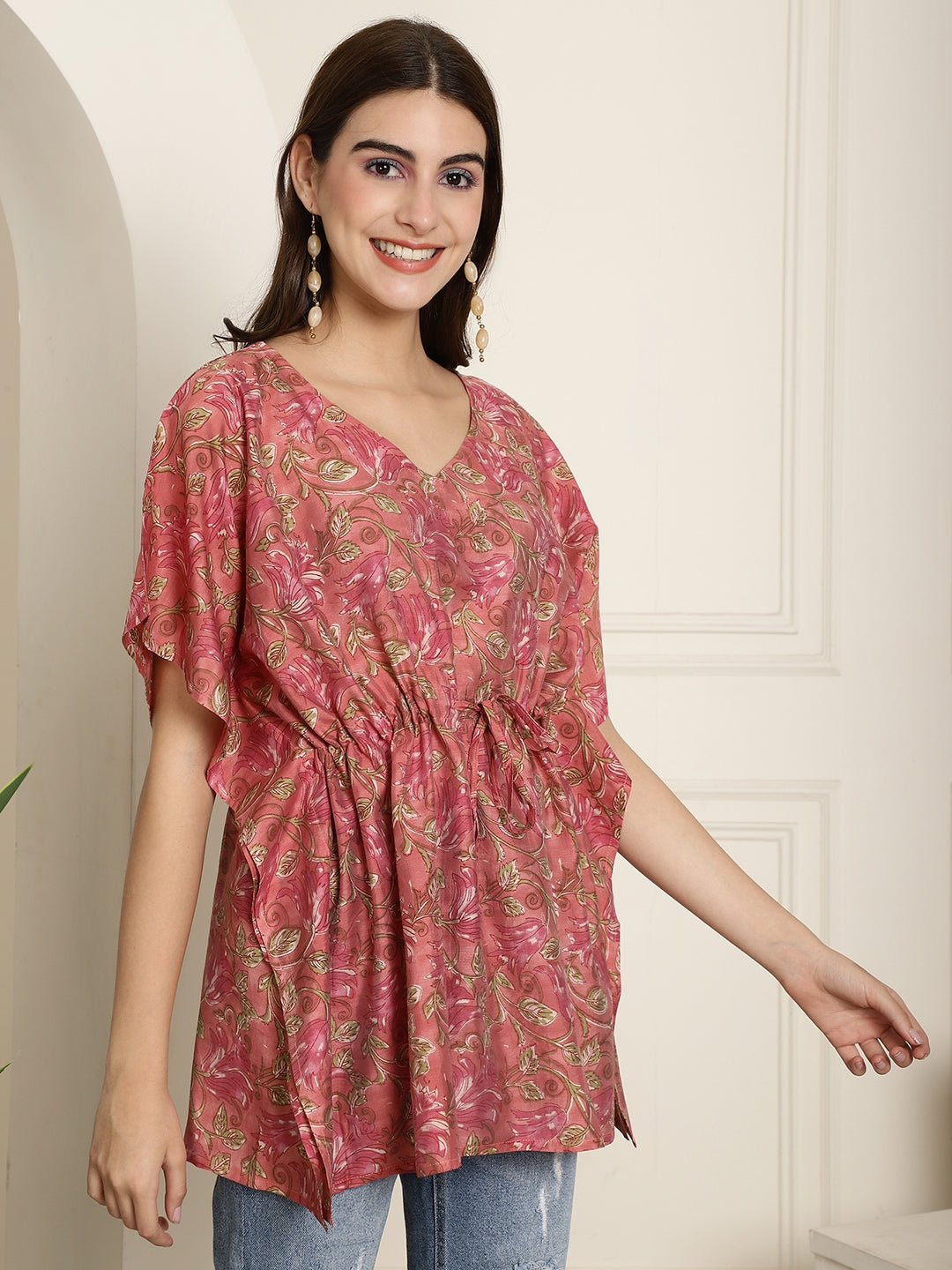 Aawari Rose Pink Floral Printed Chanderi Short Kaftaan Top