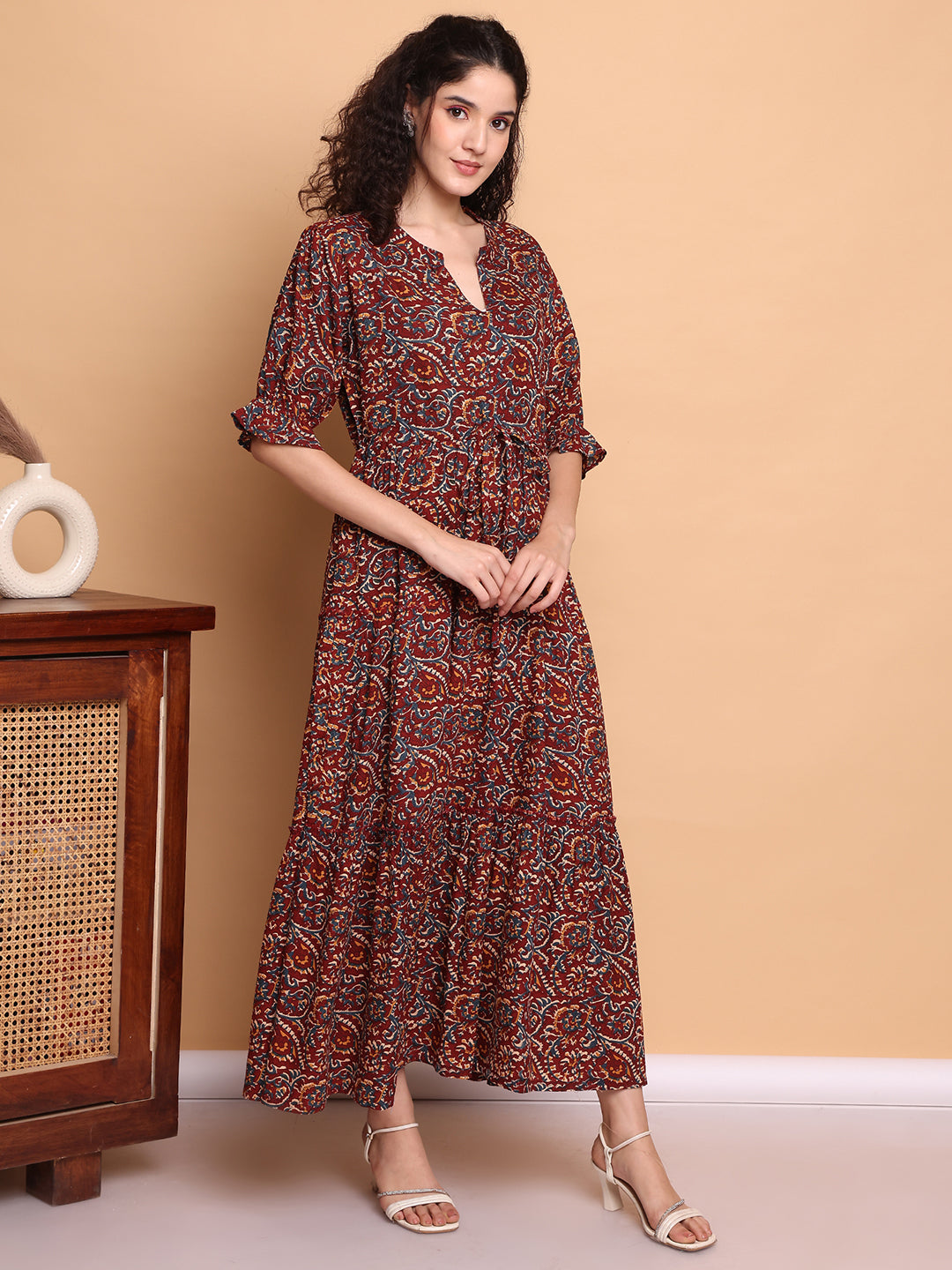 Aawari Boho Printed Maxi Dresses with Half Sleeves and Drawstring Waist / Dresses / Western Wear