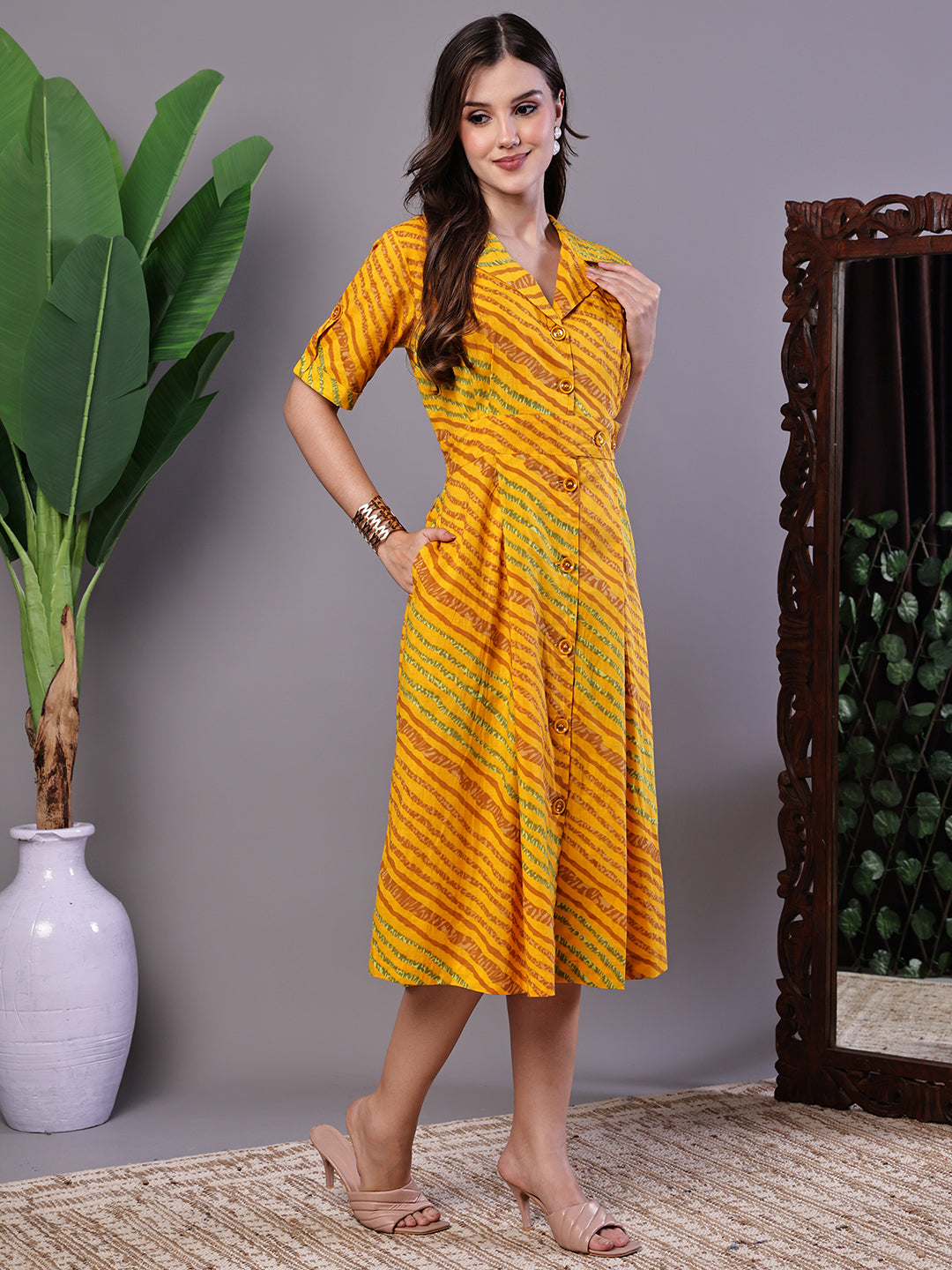 Aawari Yellow Printed Cotton Shirt Dress - Midi Dresses /  Western Wear / Dresses
