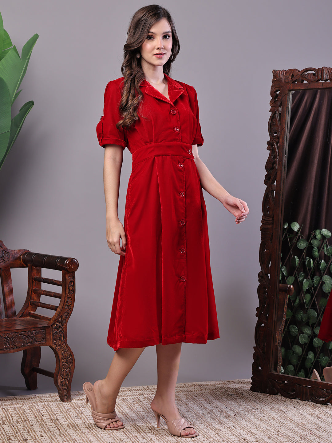 Aawari Red Velvet Shirt Style Midi Dress with Belt - Midi Dresses / Western Wear / Dresses
