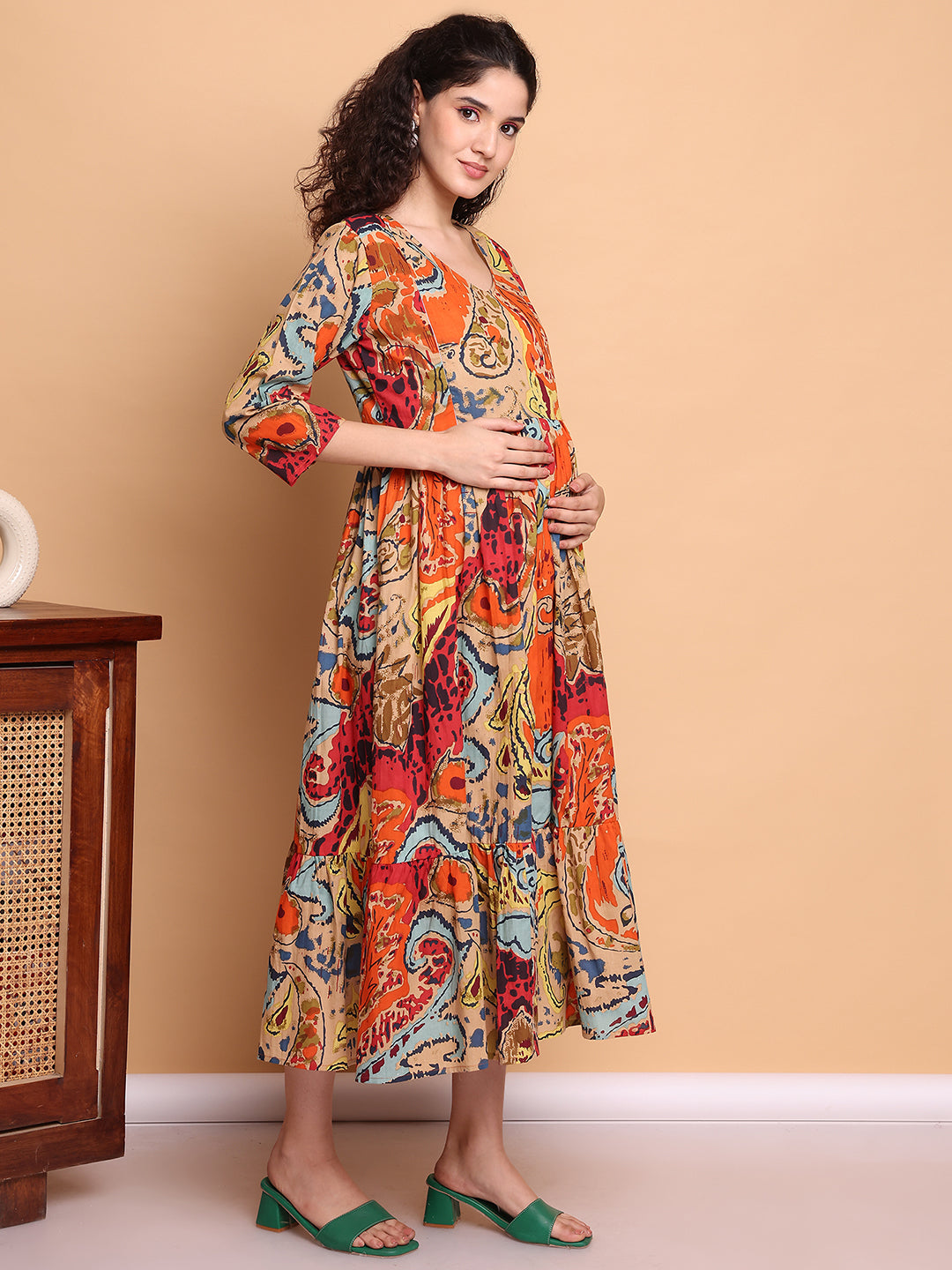 Aawari Bohemian Orange Multicolor Printed Cotton Maternity Dresses with 3/4 Sleeves