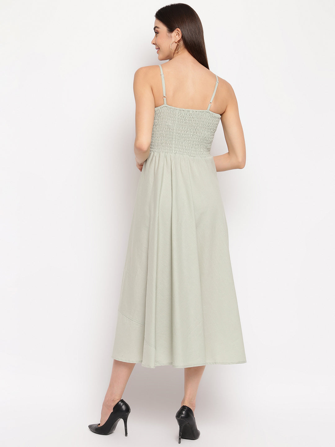 Sage Green Solid Rayon Flared Maxi Dress with Spaghetti Straps - Western Wear