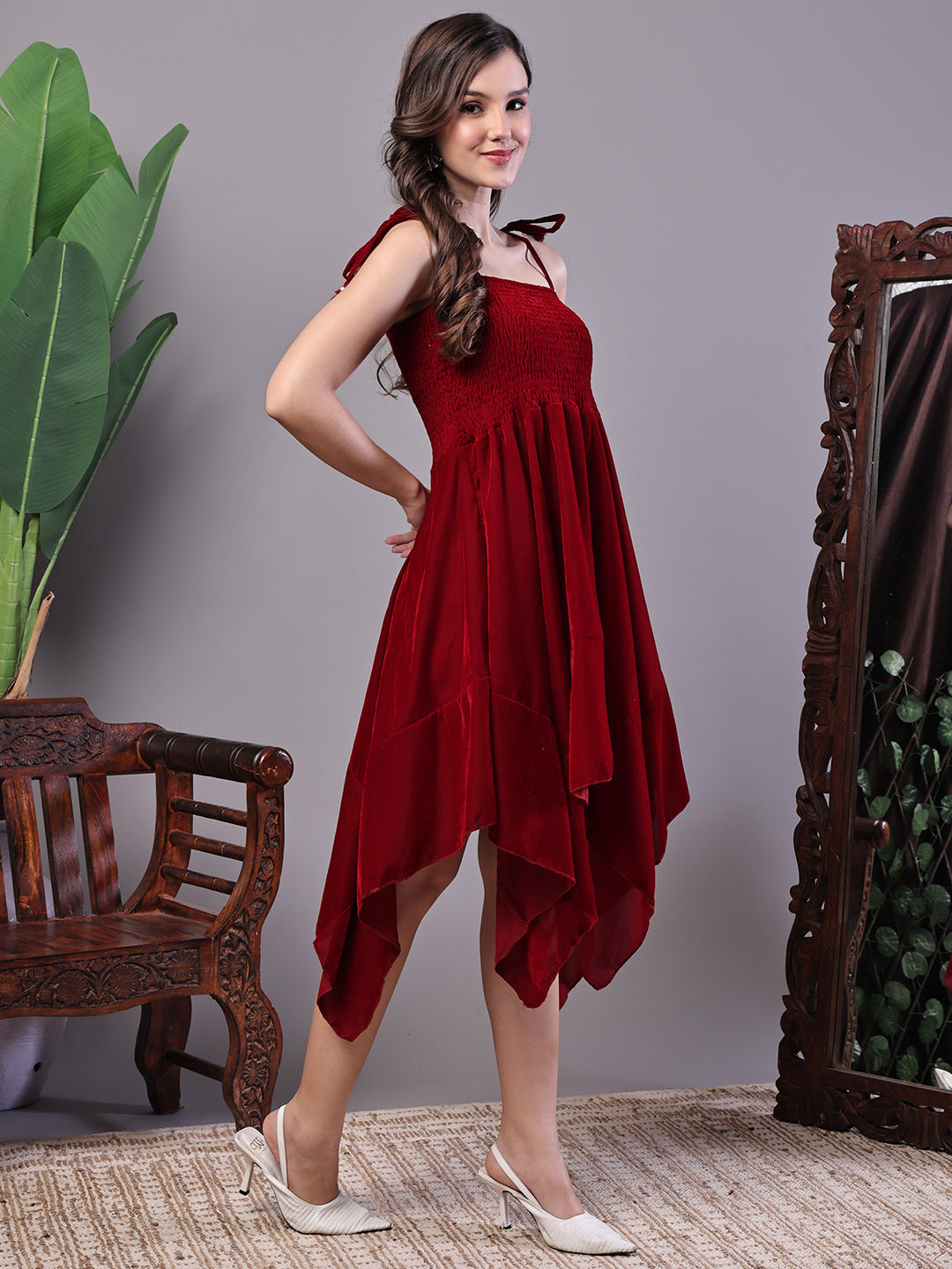 Aawari Junglee Velvet Maroon Handkerchief Hem Dress - Midi Dresses / Western Wear