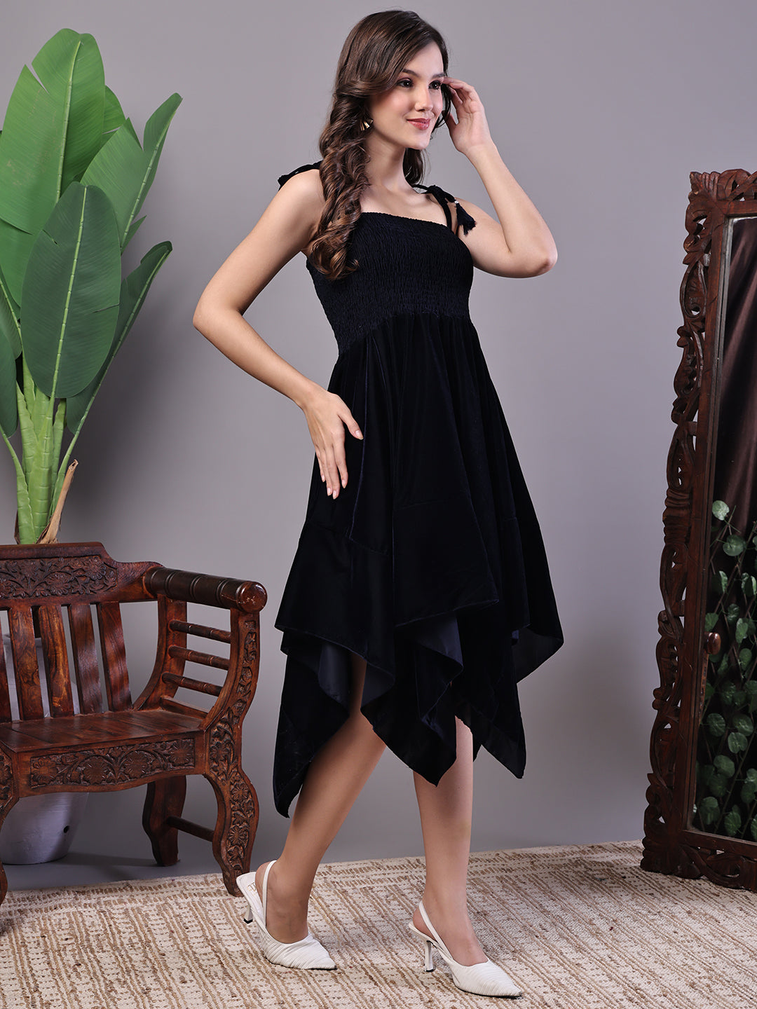 Aawari Junglee Black Velvet Party Midi Dress with Asymmetrical Hemline Midi Dresses / Western Wear