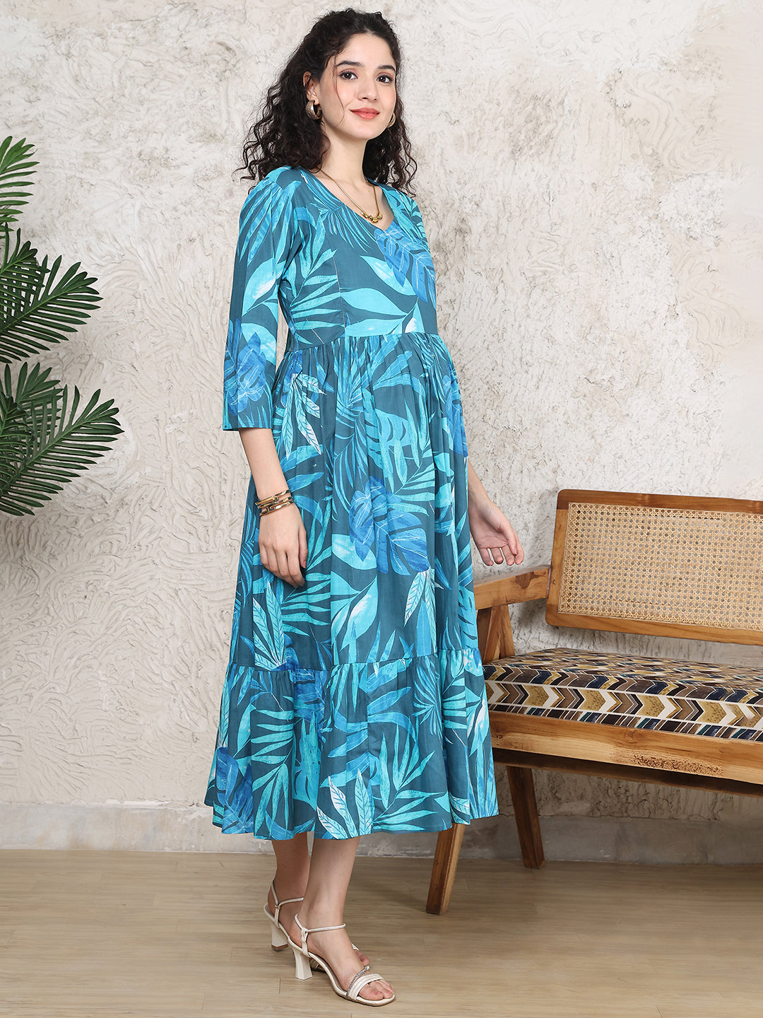 Aawari Teal Blue Cotton Maternity Dresses Leaf Print with 3/4 Sleeves