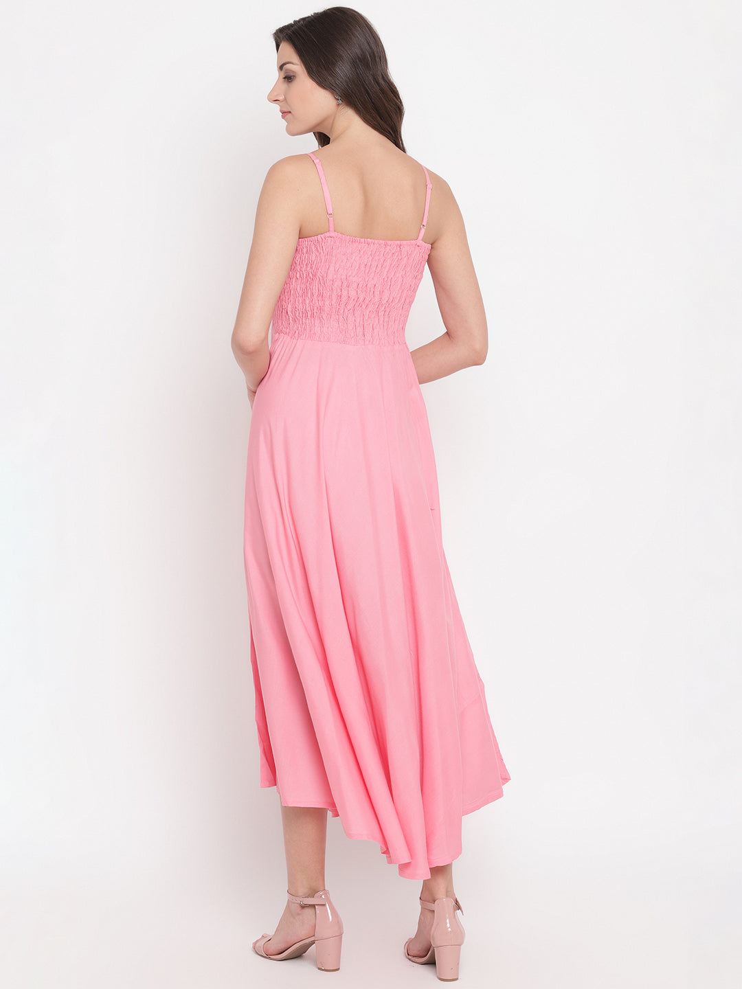 BabyPink Smocked Rayon Maxi Dress with Spaghetti Straps - Western Wear