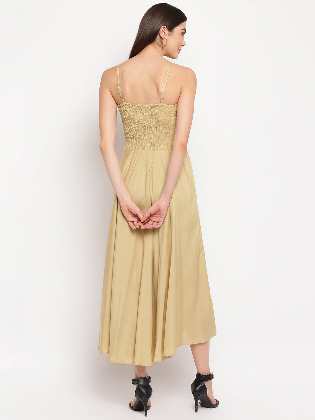 Beige Smocked Rayon Maxi Dress with Spaghetti Straps - Western Wear