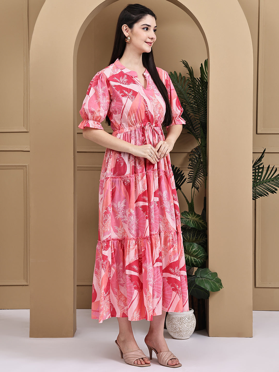 Aawari Cotton Pink Flower Printed Knot Dresses / Maxi Dresses / Western Wear