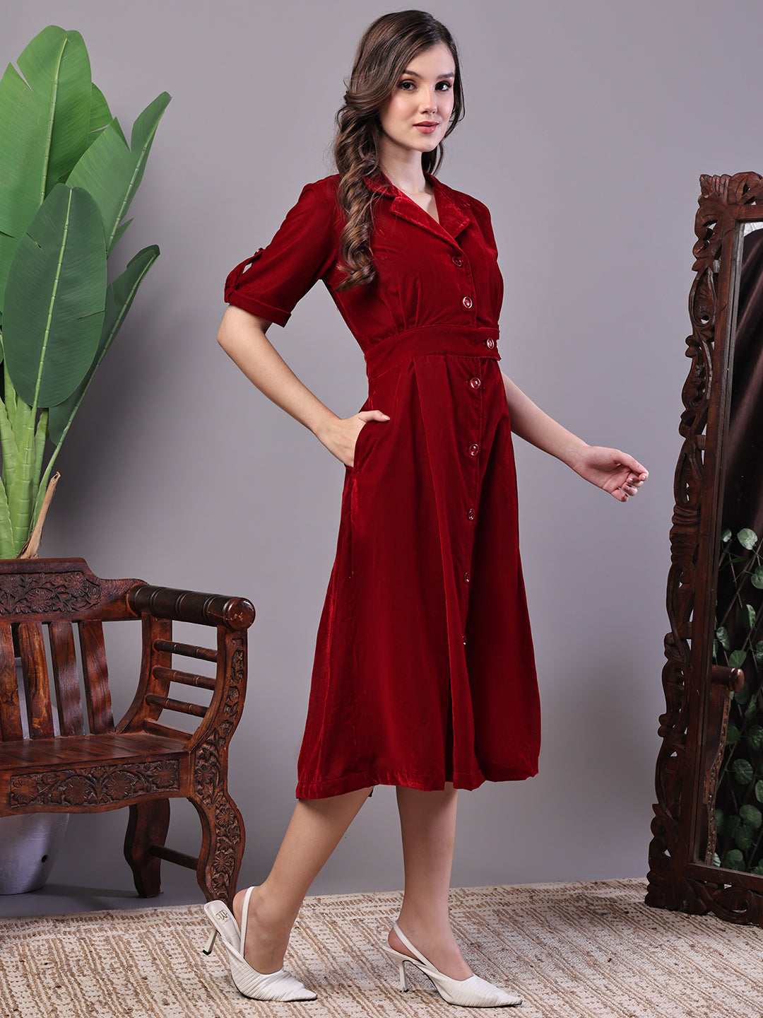 Aawari Maroon Velvet Shirt Style Midi Dress with Belt - Midi Dresses / Western Wear / Dresses