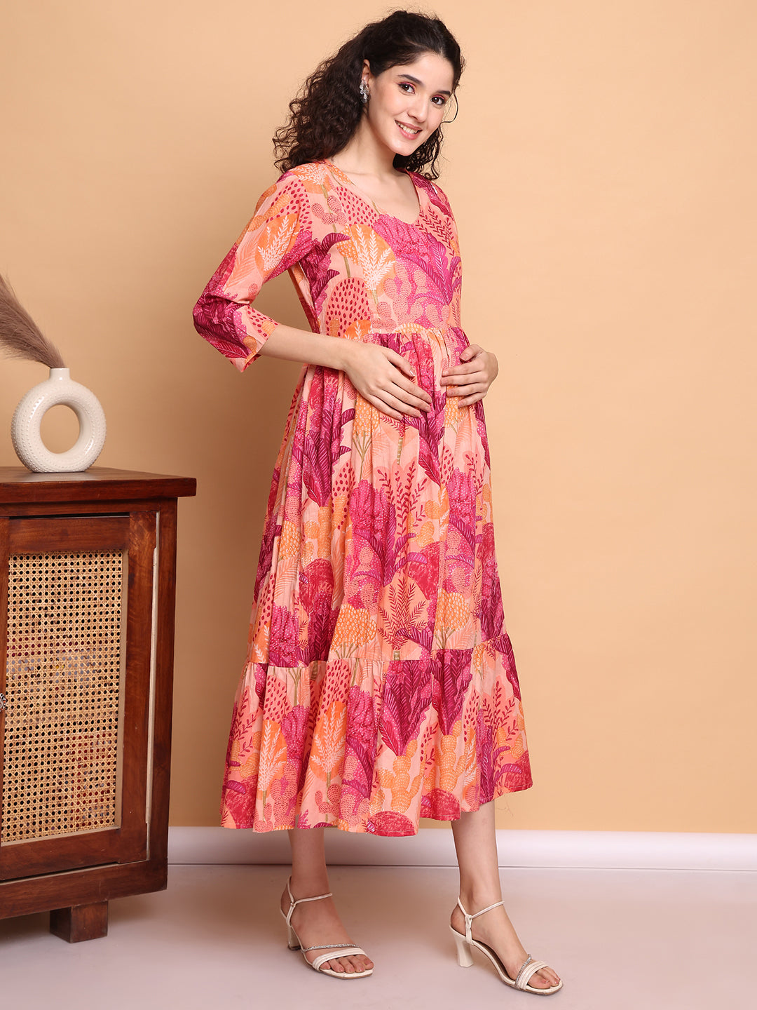 Aawari Peach & Pink Leaf Print Cotton Maternity Dresses with Tiered Hem