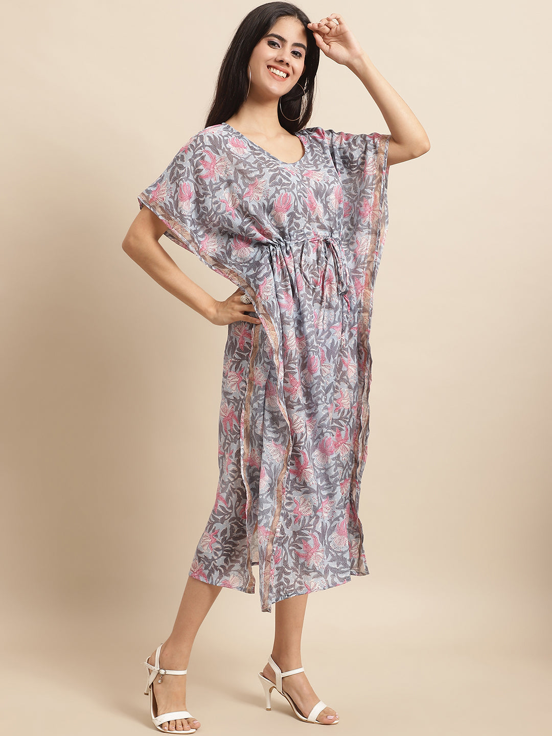 Aawari Grey & Pink Floral Printed Chanderi Kaftaan Dress