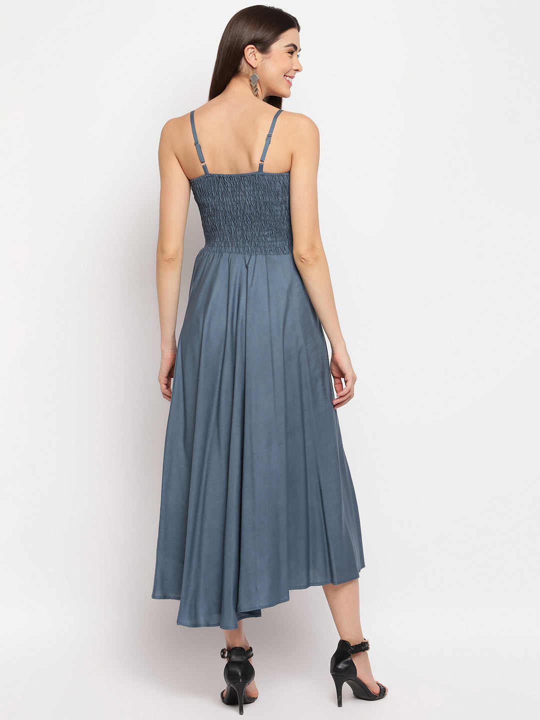 Dusty Blue Solid Rayon Flared Maxi Dress with Smocked Bodice & Spaghetti Straps - Western Wear