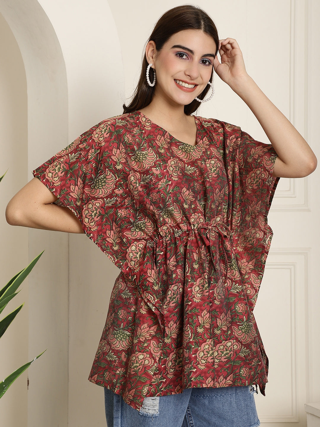 Aawari Rust Red Floral Handblock Printed Chanderi Short Kaftaan Top with Drawstring