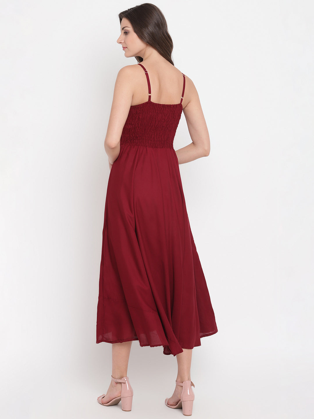 Wine Red Solid Rayon Flared Maxi Dress with Smocked Bodice & Spaghetti Straps - Western Wear