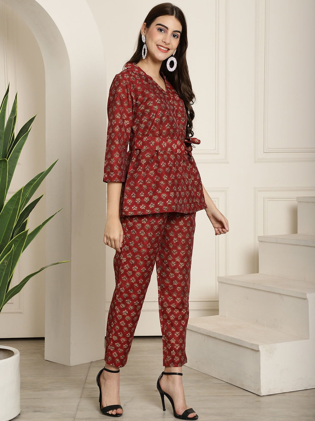 Maroon Gold Printed Chanderi Co-ord Sets with Wrap Top & Straight Pants