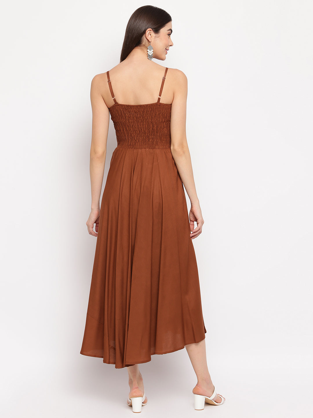 Rust Brown Solid Rayon Flared Maxi Dress with Spaghetti Straps - Western Wear