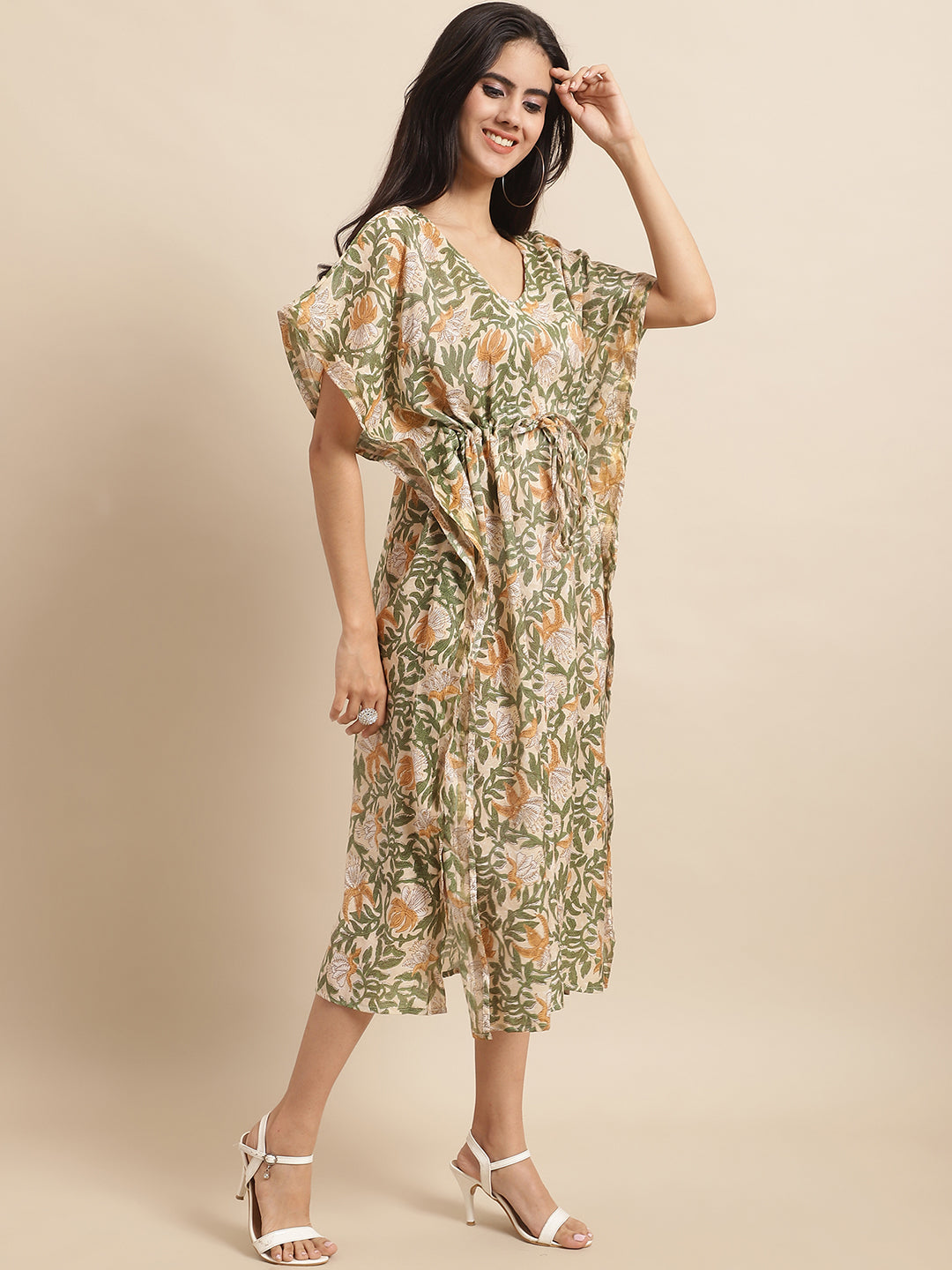 Aawari Floral Printed Green Chanderi Midi Dress with V-Neck & Short Sleeves - Kaftaan
