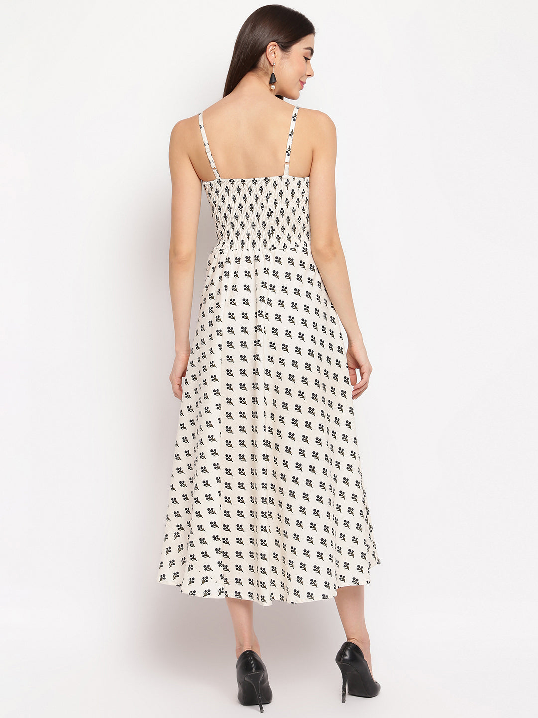 White & Black Printed Rayon Flared Maxi Dress with Spaghetti Straps - Western Wear - Maxi Dresses