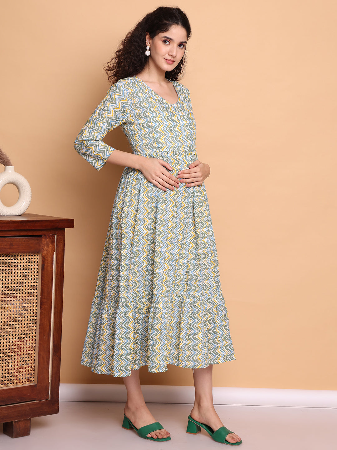 Aawari ZigZag Print Cotton Maternity Dresses with 3/4 Sleeves