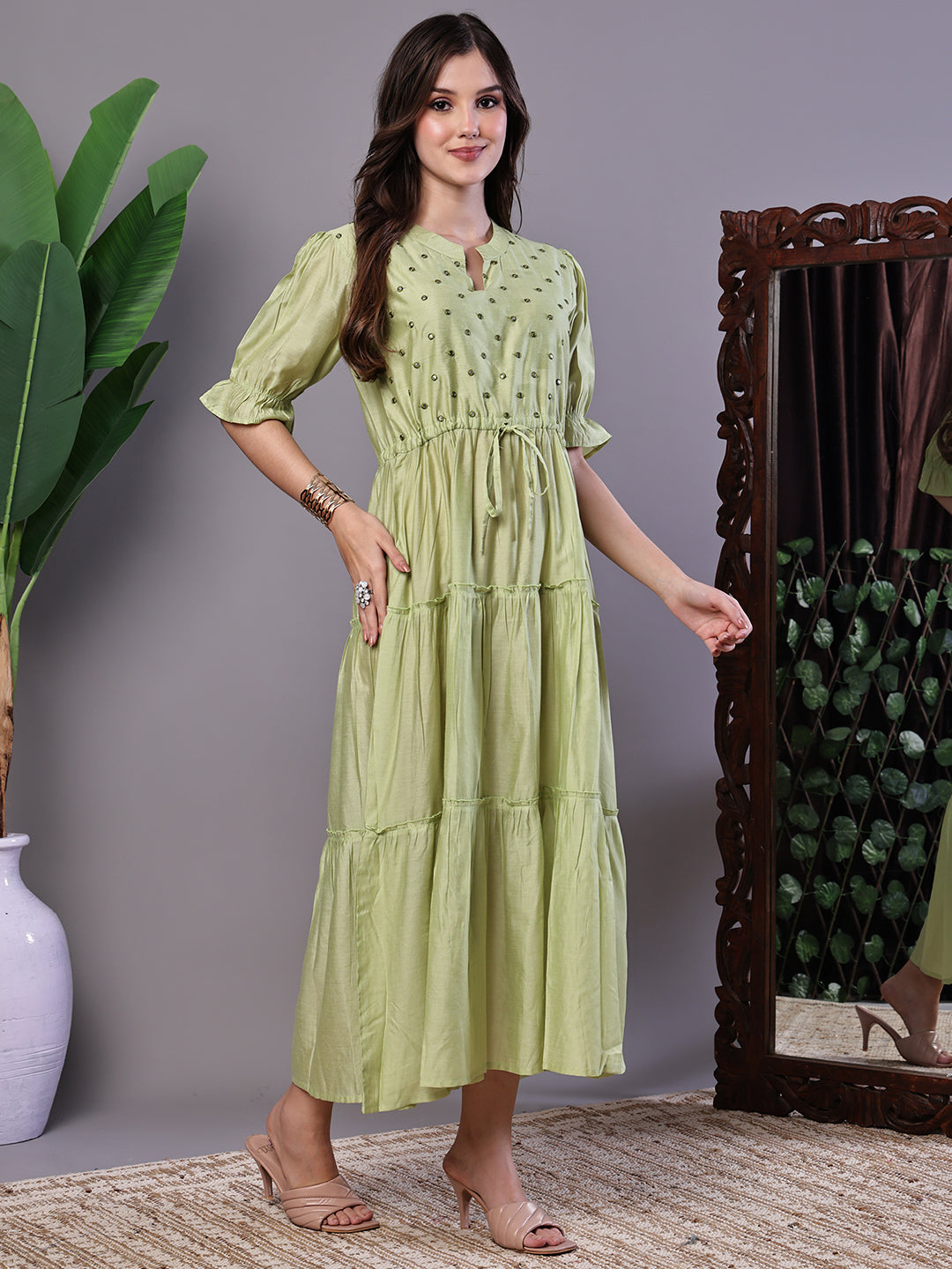 Boho-Chic Forest Green Tiered Maxi Dress with Puff Sleeves - Dresses / Western Wear / Maxi Dresses