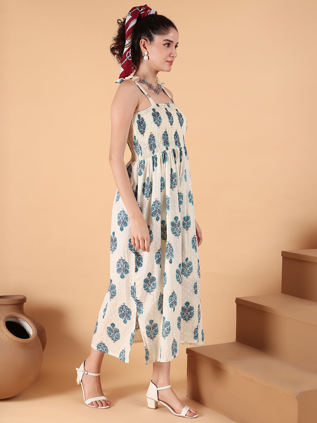 Aawari Elegant Cream & Blue Printed Printed Cotton Bobbin dress with Tie-Up Straps - Western Wear