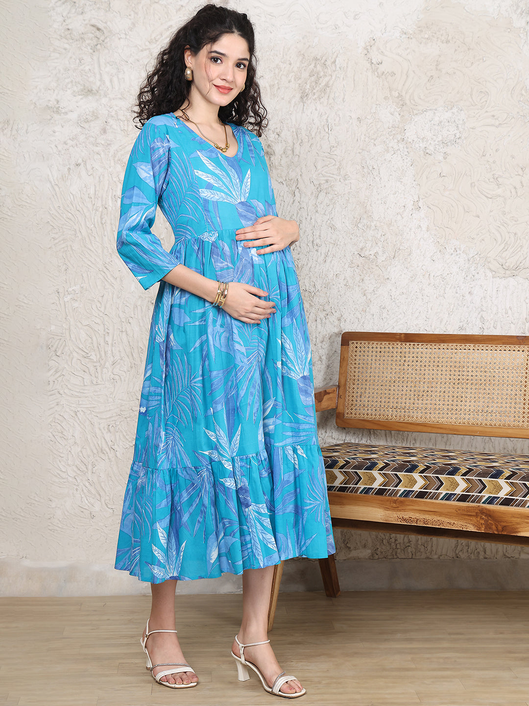 Aawari Sky Blue Leaf Print Cotton Maternity Dresses with 3/4 Sleeves