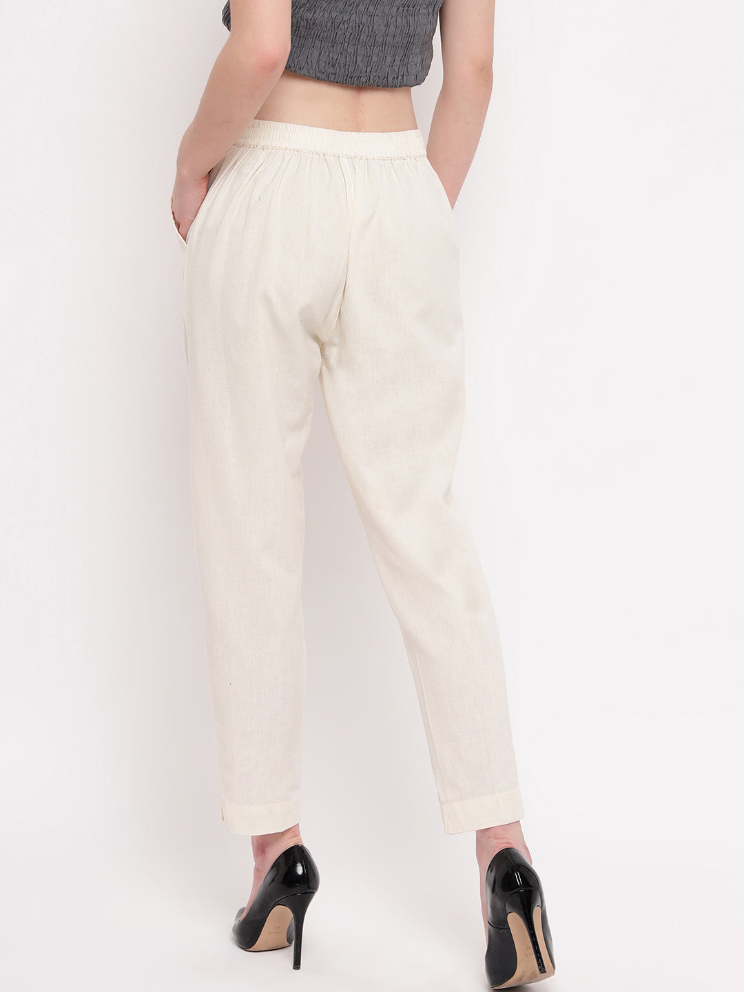 Aawari Women Cotton Solid Belt Pants