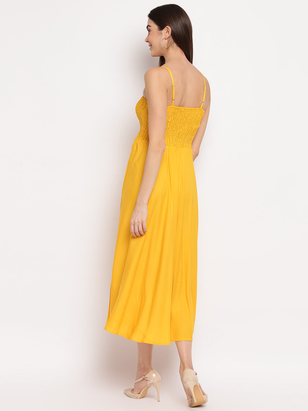 Sunshine Yellow Solid Smocked Rayon Maxi Dress for Women - Western Wear