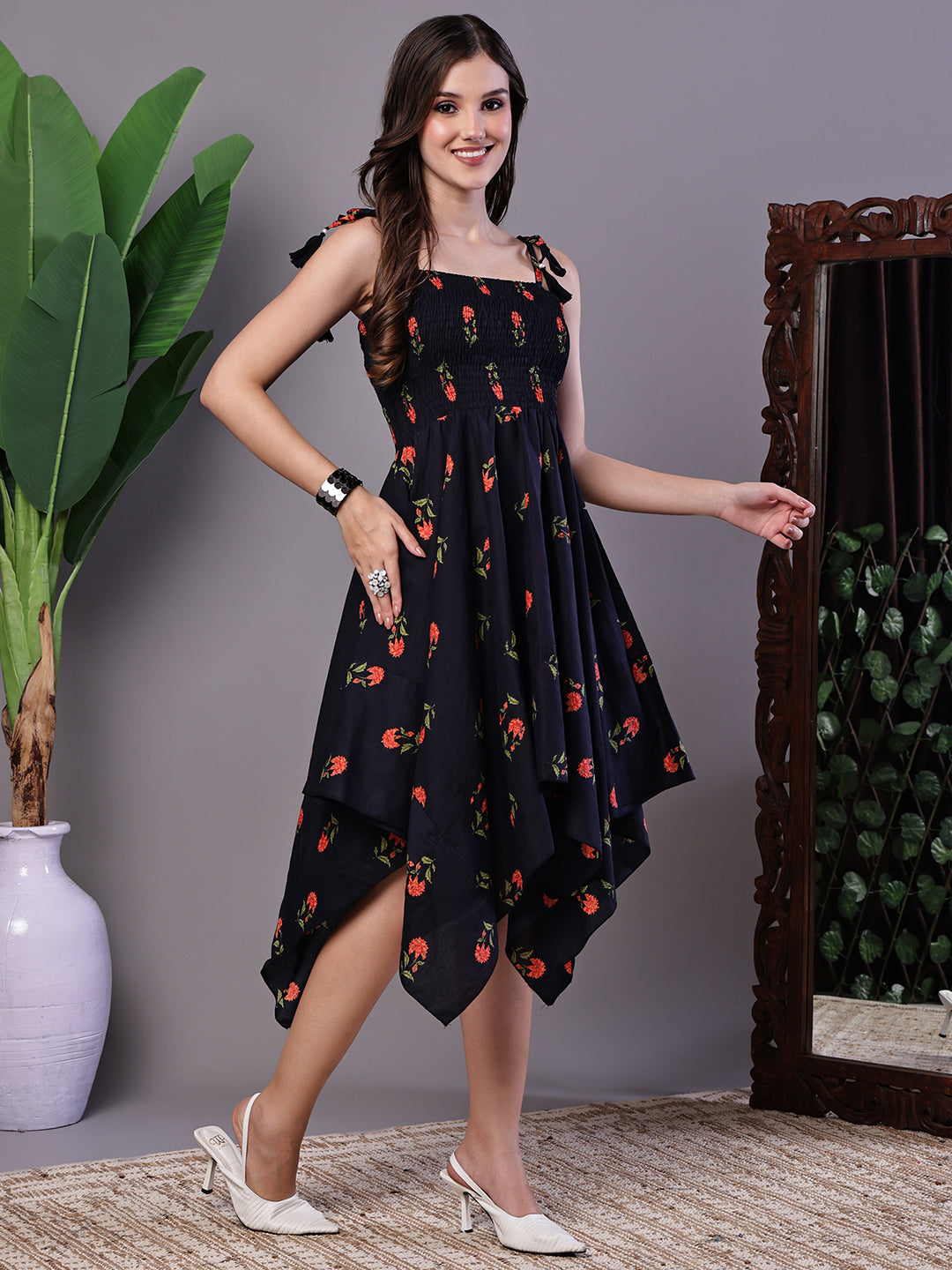 Aawari Navy Printed Smocked Asymmetrical Hem A-Line Dress - Midi Dresses / Western Wear