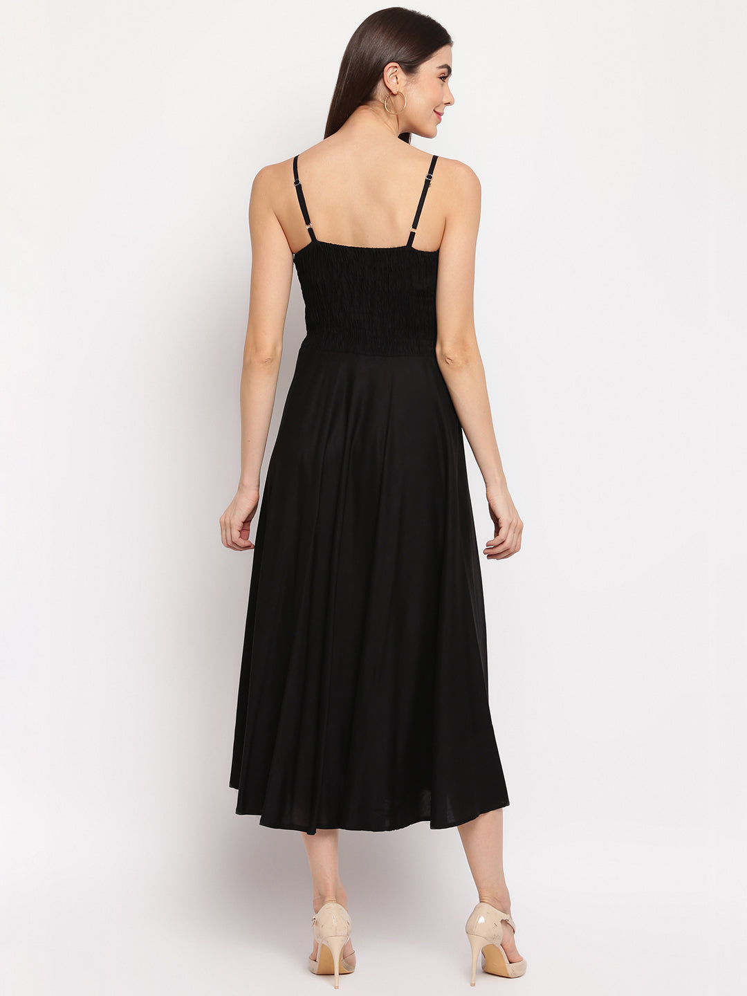 Black Rayon Smocked Midi Dress - Elegant Sleeveless A-Line Western Wear Outfit