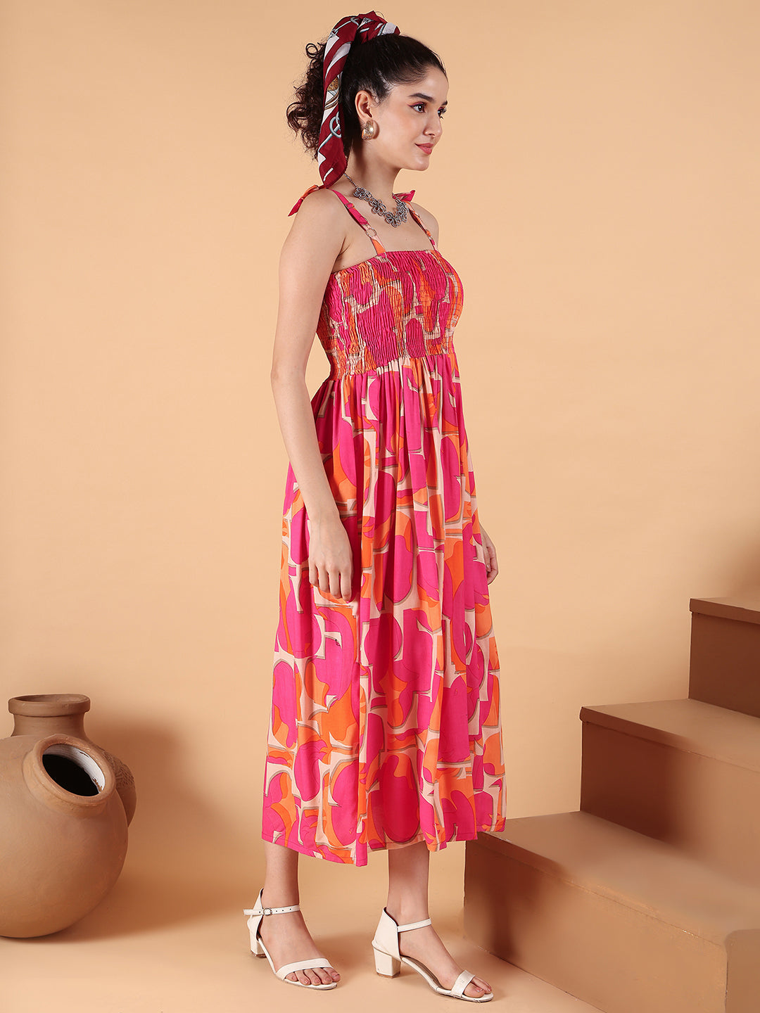 Aawari Pink & Orange Abstract Print Smocked Rayon Midi Dress - Women's Western Wear