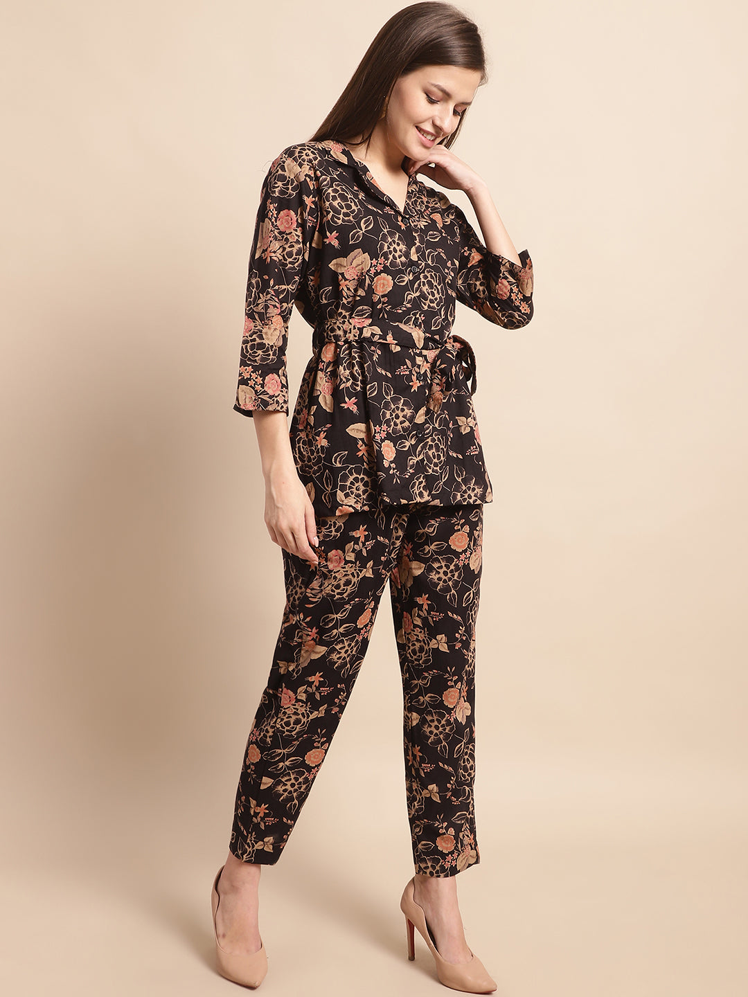 Aawari Women's Black & Beige Floral Printed Cotton Wrap-Style Co-ord Set - Co-ord Sets / Western Wear