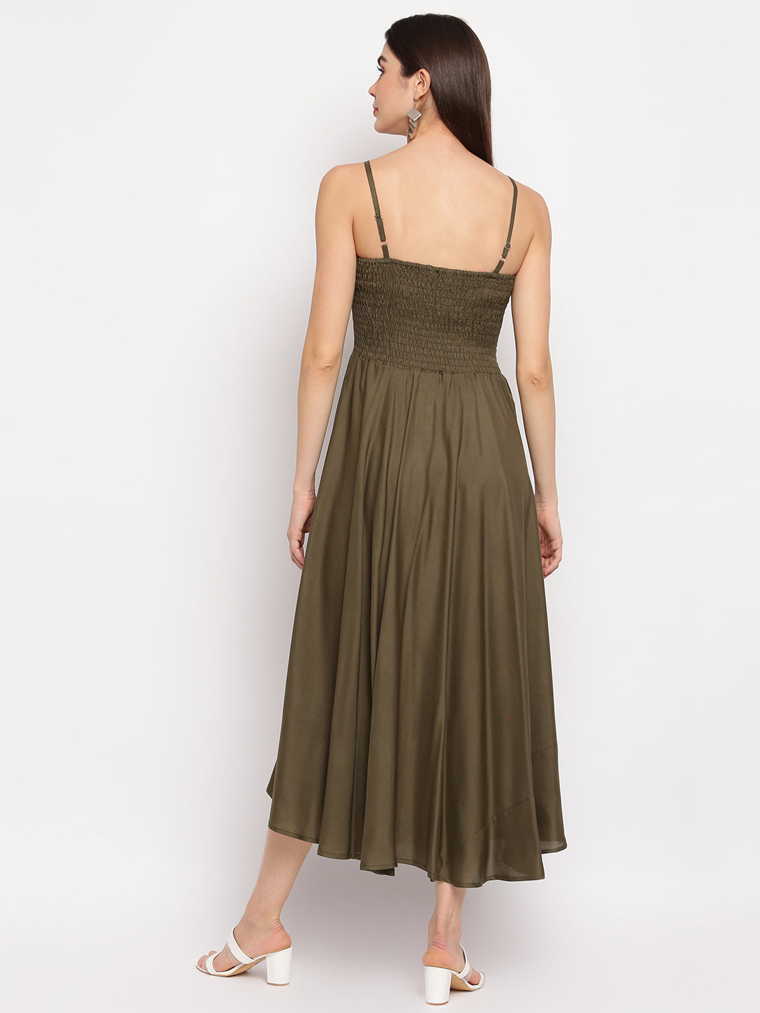 Mocha Brown Solid Rayon Flared Maxi Dress with Smocked Bodice & Spaghetti Straps - Western Wear