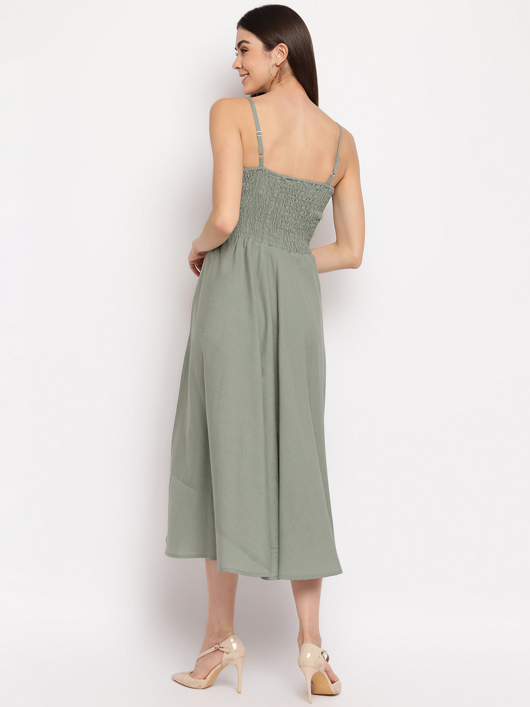 Dusty Olive Green Smocked Flared Rayon Maxi Dress for Women -  Western Wear