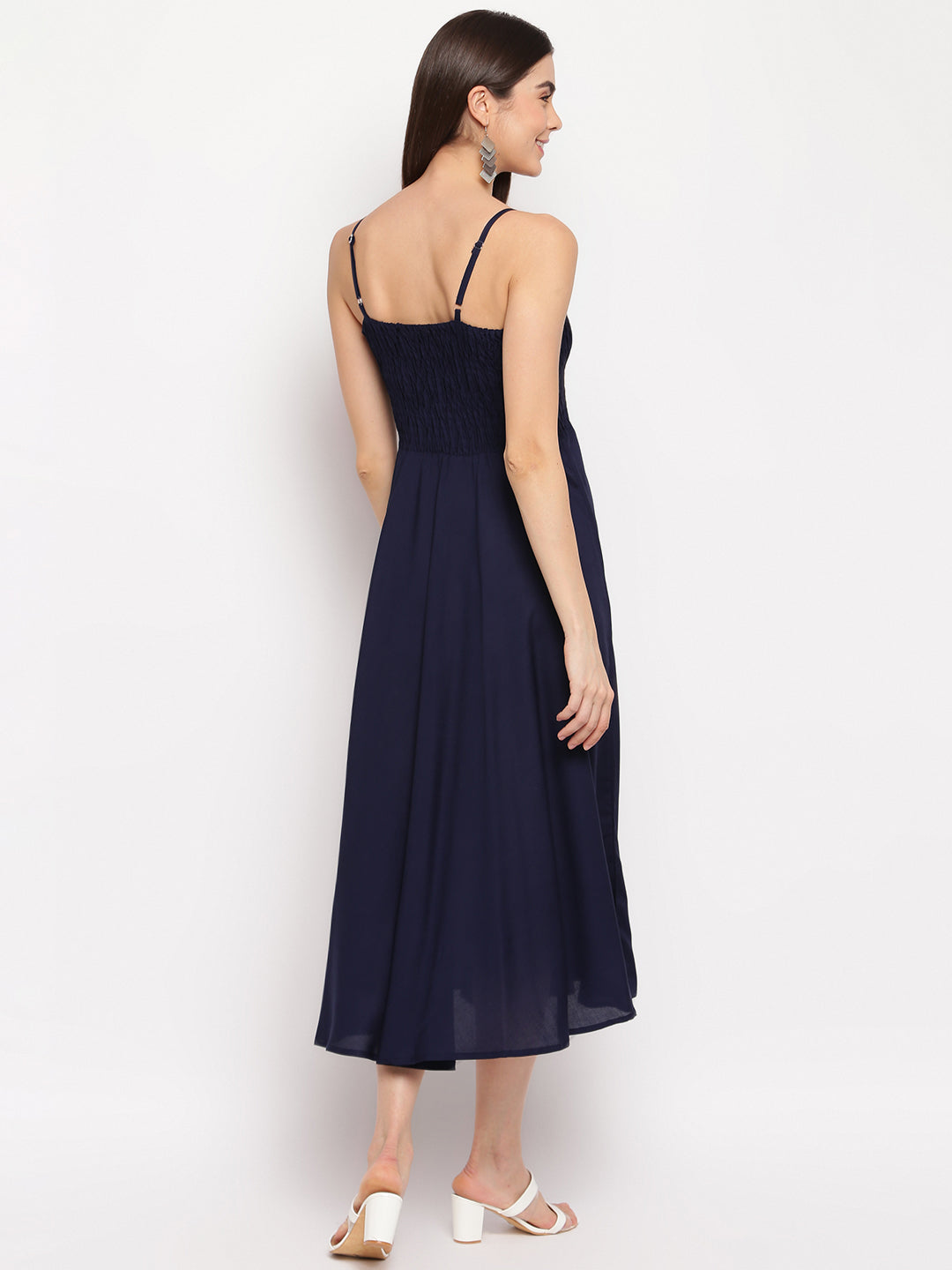 Navy Blue Solid Smocked Rayon Maxi Dress for Women - Western Wear