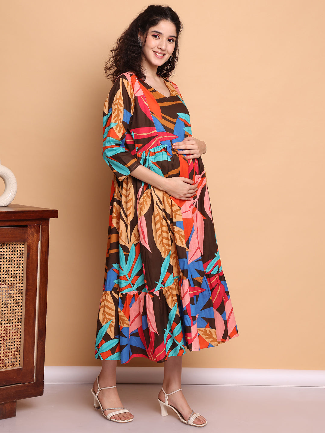 Aawari Brown Multicolor Leaf Print Cotton Maternity Dresses with 3/4 Sleeves