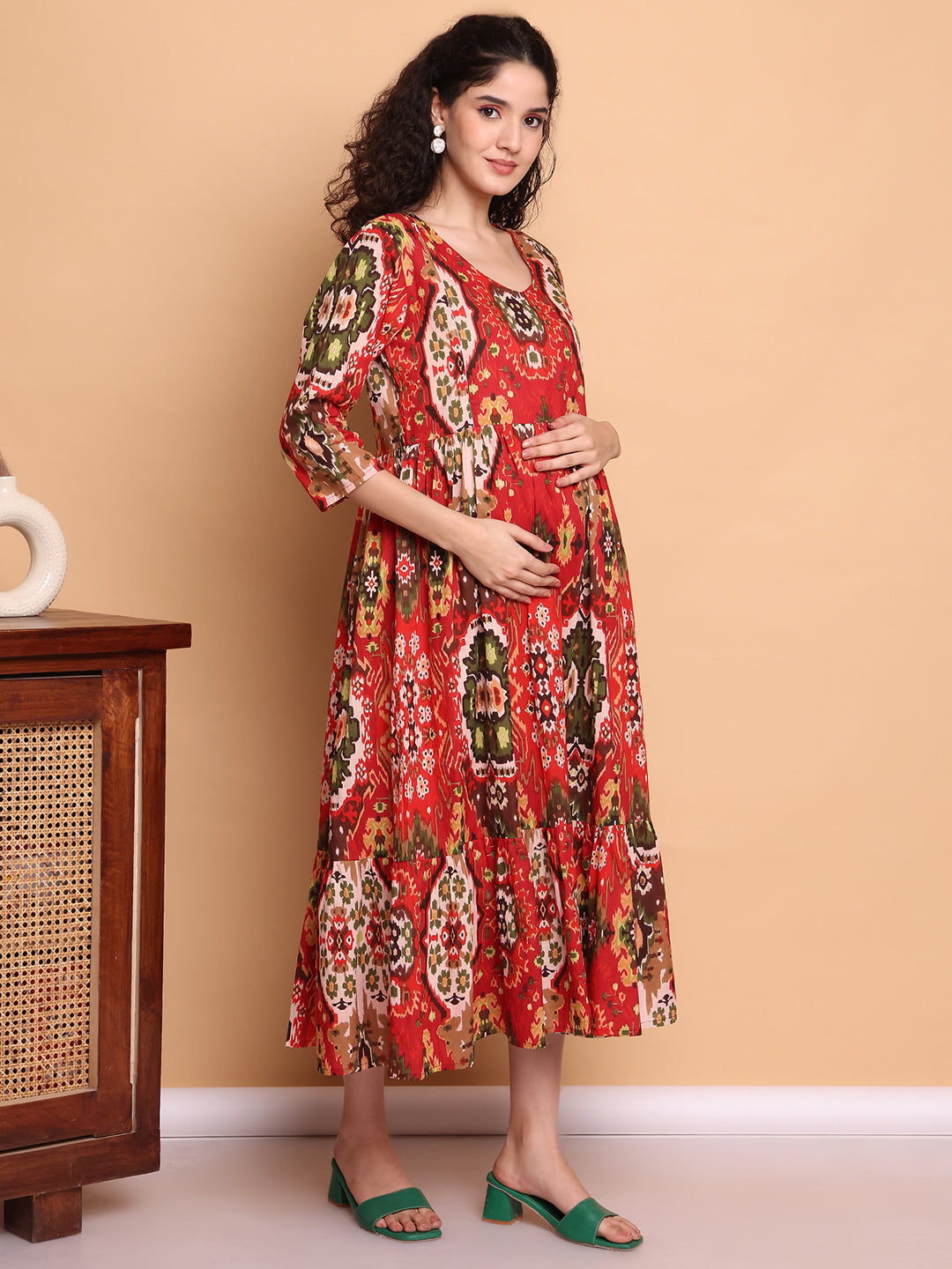 Aawari Red Ikat Printed Cotton Maternity Dresses with 3/4 Sleeves
