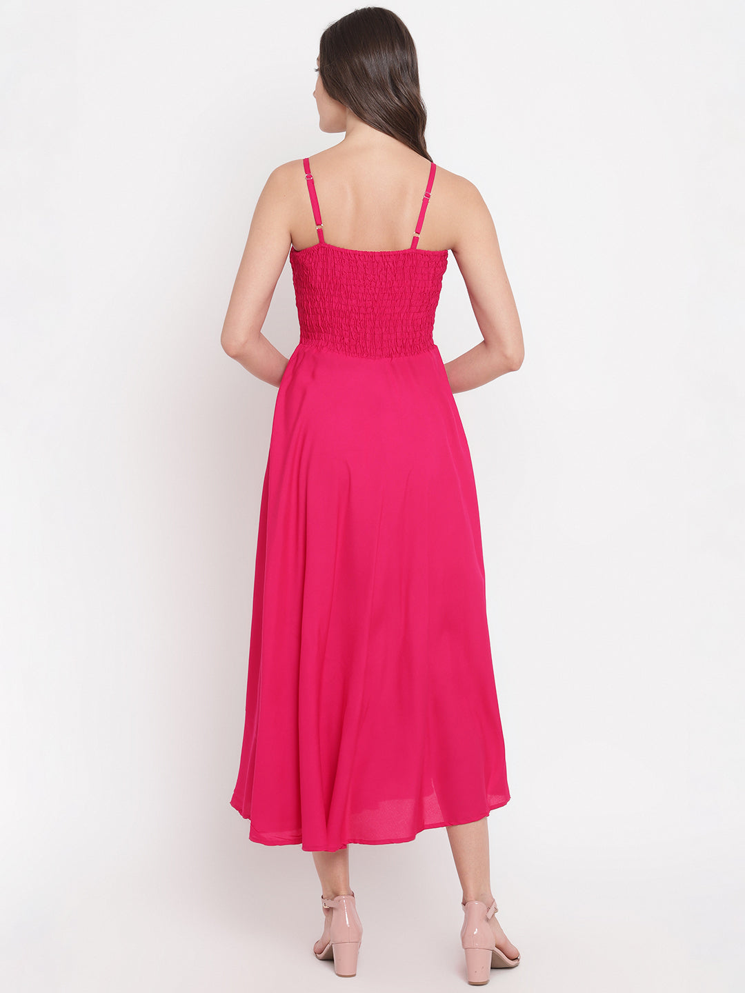 Hot Pink Solid Smocked Flared Rayon Maxi Dress for Women -  Western Wear