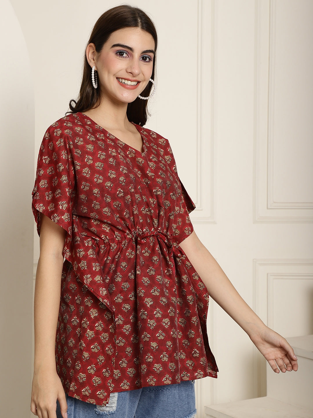 Aawari Maroon Handblock Printed Chanderi Short Kaftaan Top with Drawstring
