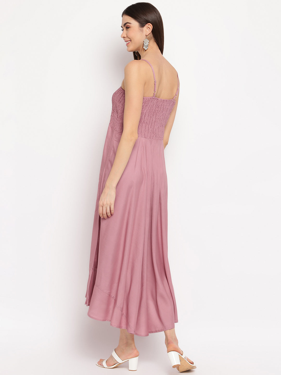 Dusty Rose Smocked Flared Maxi Dress for Women - Western Wear