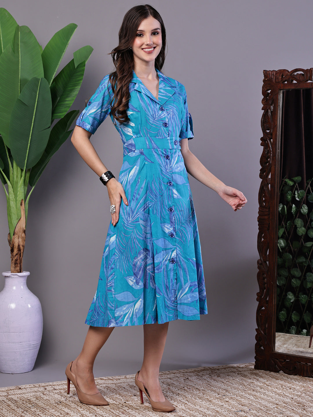 Aawari Blue Leaf Print Cotton Shirt Midi Dress - Dresses / Midi Dresses / Western Wear
