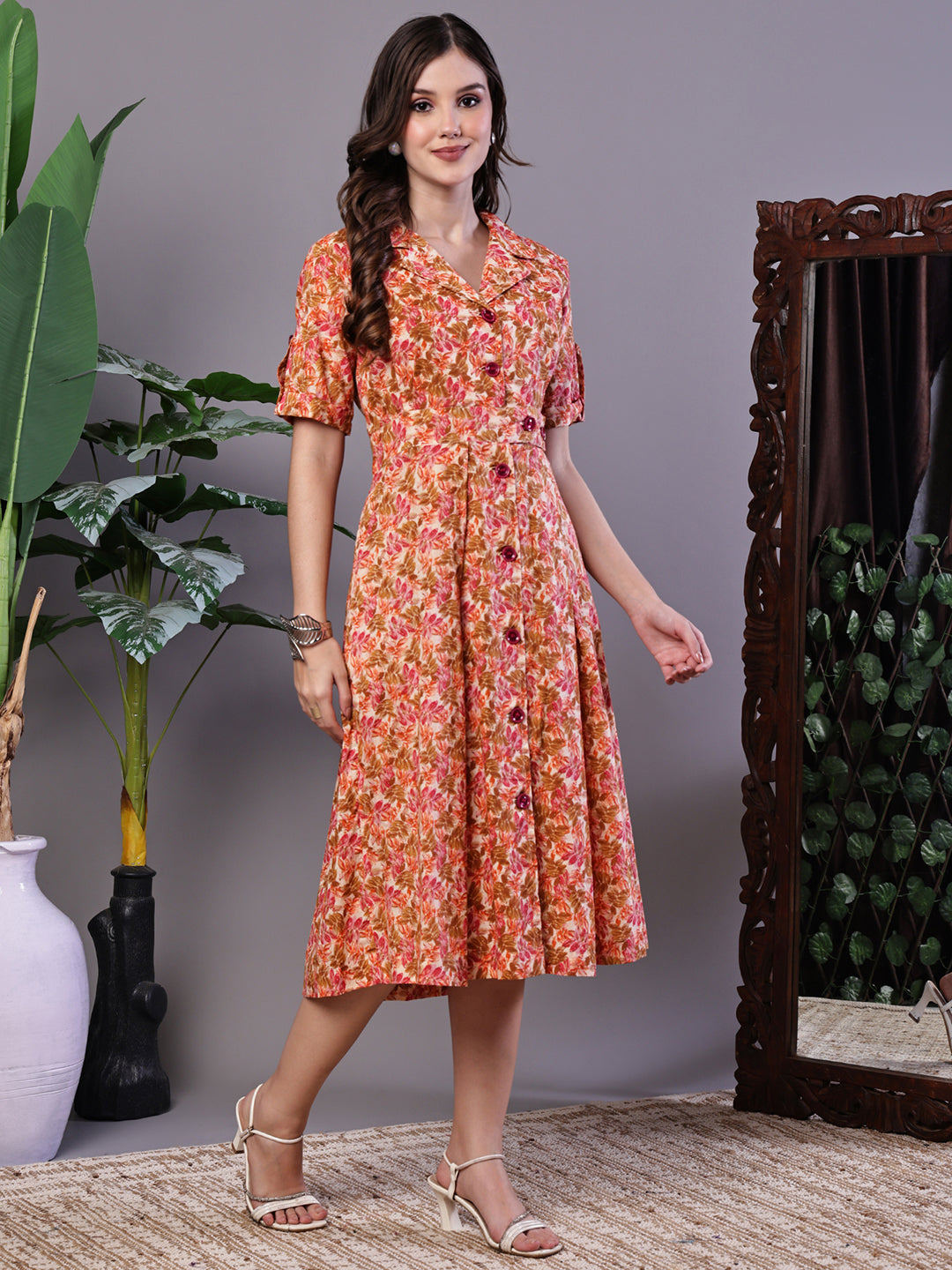 Aawari Floral Printed Cotton Button-Down Midi Dress for Women - Midi Dresses / Western Wear / Dresses