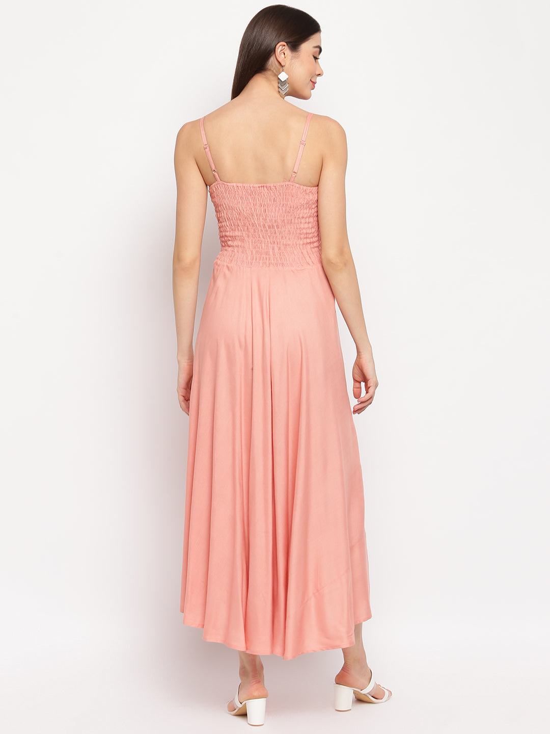 Peach Solid Smocked Flared Rayon Maxi Dress for Women -  Western Wear