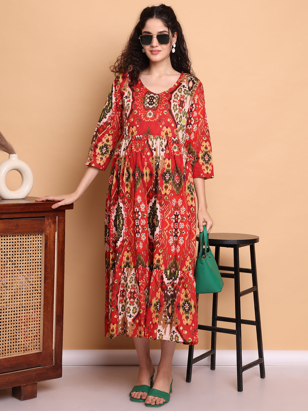 Aawari Red Ikat Printed Cotton Maternity Dresses with 3/4 Sleeves