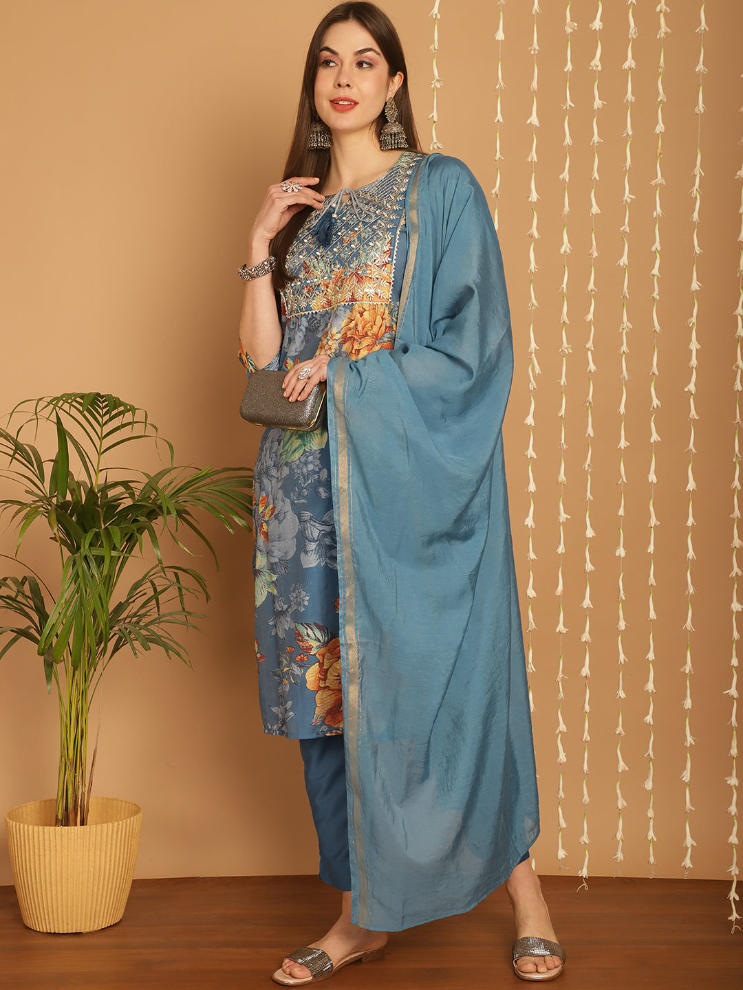 Aawari Women Chanderi Printed Three Piece Suit Sets