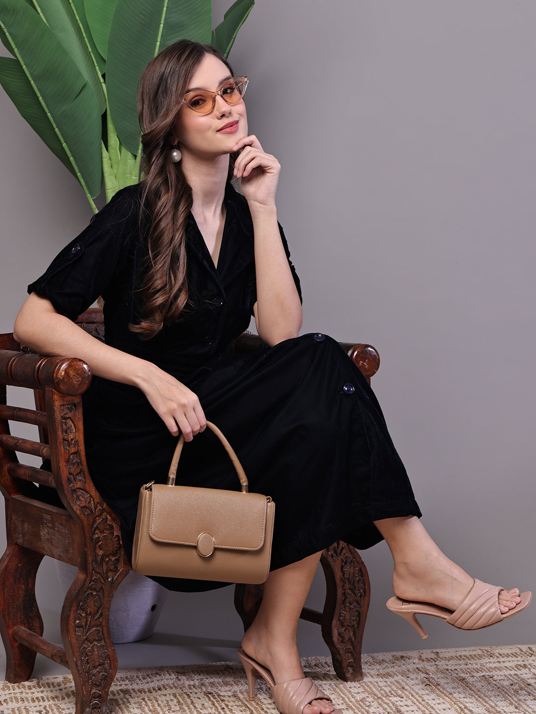 Aawari Black Velvet Button-down Midi Dress for Women - Midi Dresses / Western Wear / Dresses