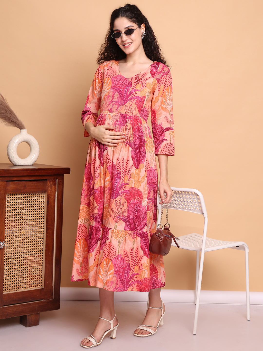 Aawari Peach & Pink Leaf Print Cotton Maternity Dresses with Tiered Hem
