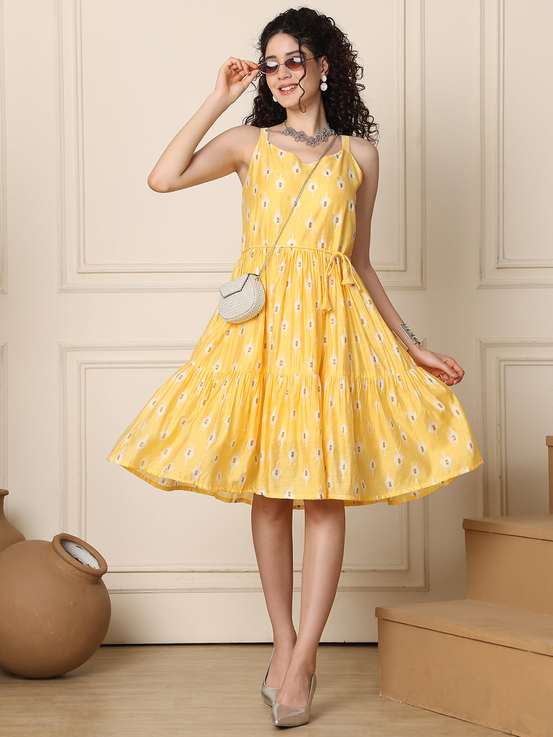 Aawari Chanderi Printed Eye Catching Short Dress - Midi Dresses / Western Wear