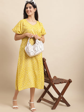 Aawari Yellow Chanderi Printed Kaftaan Dress with Relaxed Fit - Kaftaan