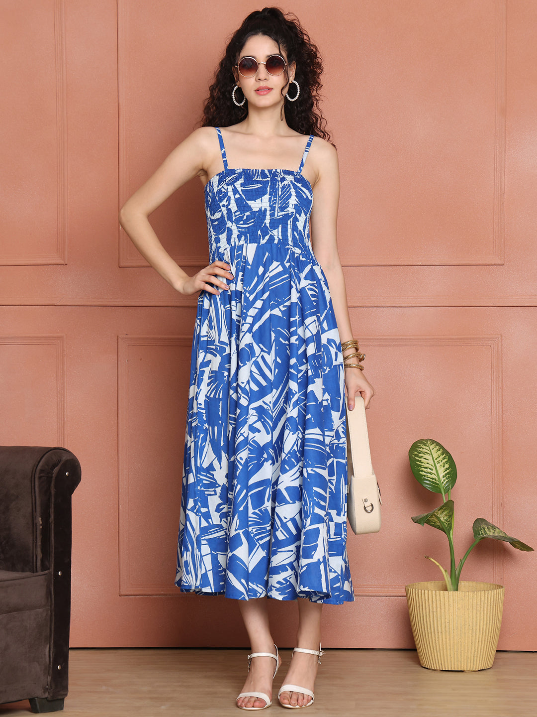 Aawari Cotton Unique Printed Spaghetti Strap Dress - Western Wear